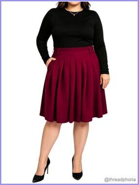Plus Size Pleated Midi Skirt High Waist A-Line with Pockets